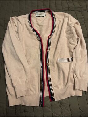 Amazon Women's Light Pink Cardigan with Navy and Red Trim